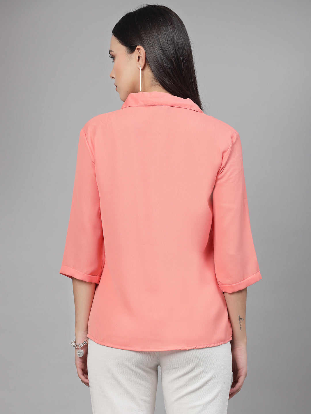 Style Quotient Women Solid Peach Polycrepe Formal Shirt-Shirts-StyleQuotient