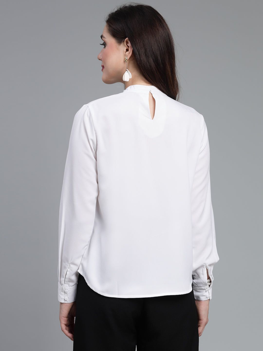 Style Quotient Women Solid White Polyester Cutout Smart Casual Top-Tops-StyleQuotient