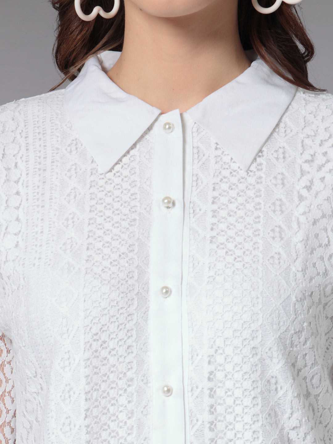 Style Quotient Women White Lace Smart Fit Long Sleeve Shirt-Shirts-StyleQuotient