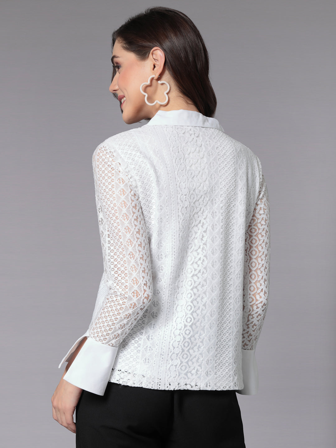 Style Quotient Women White Lace Smart Fit Long Sleeve Shirt-Shirts-StyleQuotient