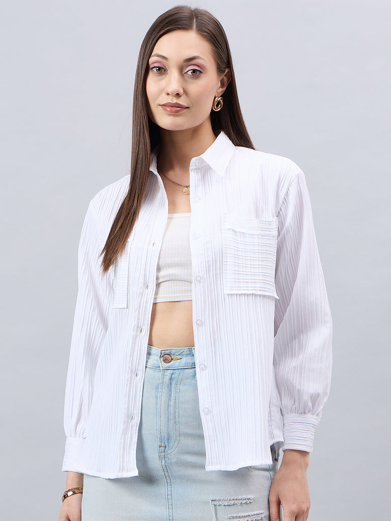 Style Quotient Women White Texture Smart Casual Relaxed Fit Polyester Shirt-Shirts-StyleQuotient