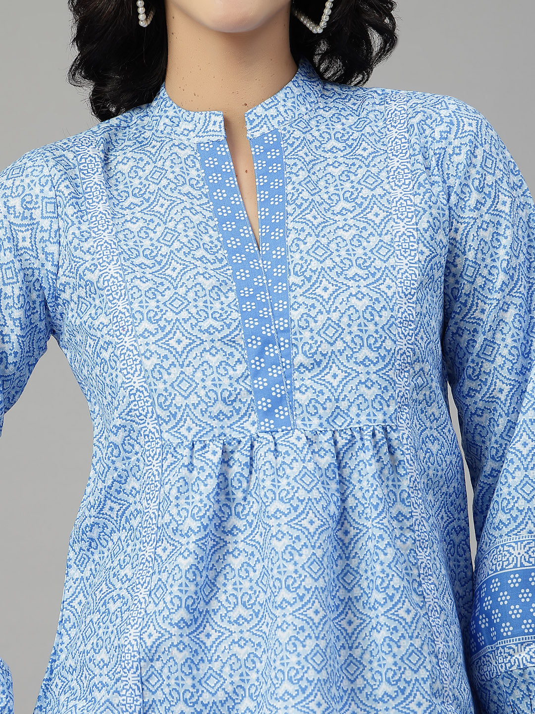 Style Quotient Women Blue and White Rayon Tunic Top-Tops-StyleQuotient