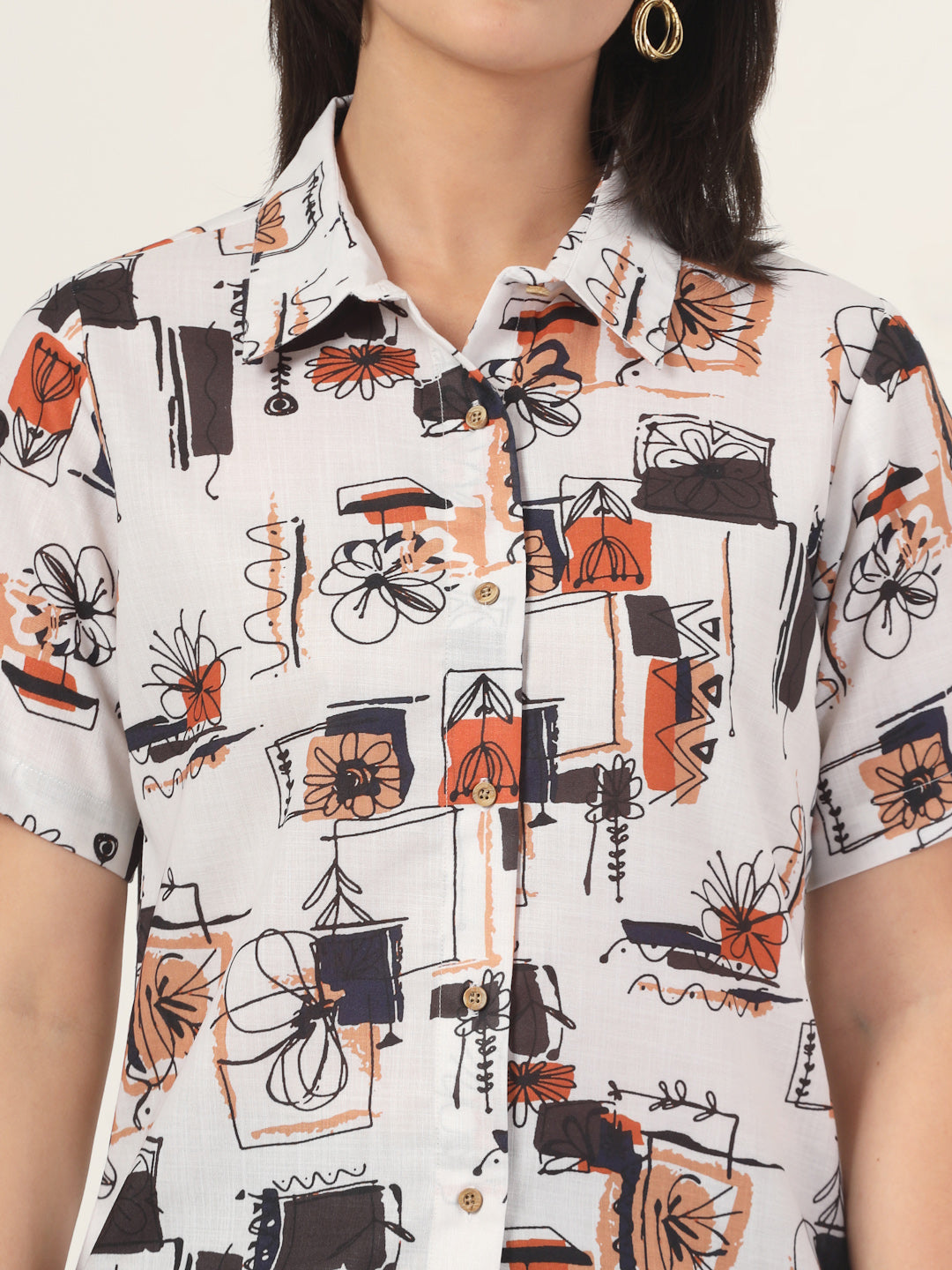 Style Quotient Women Off White and Multi Abstract Print Polyviscose Half Sleeve Formal Shirt-Shirts-StyleQuotient