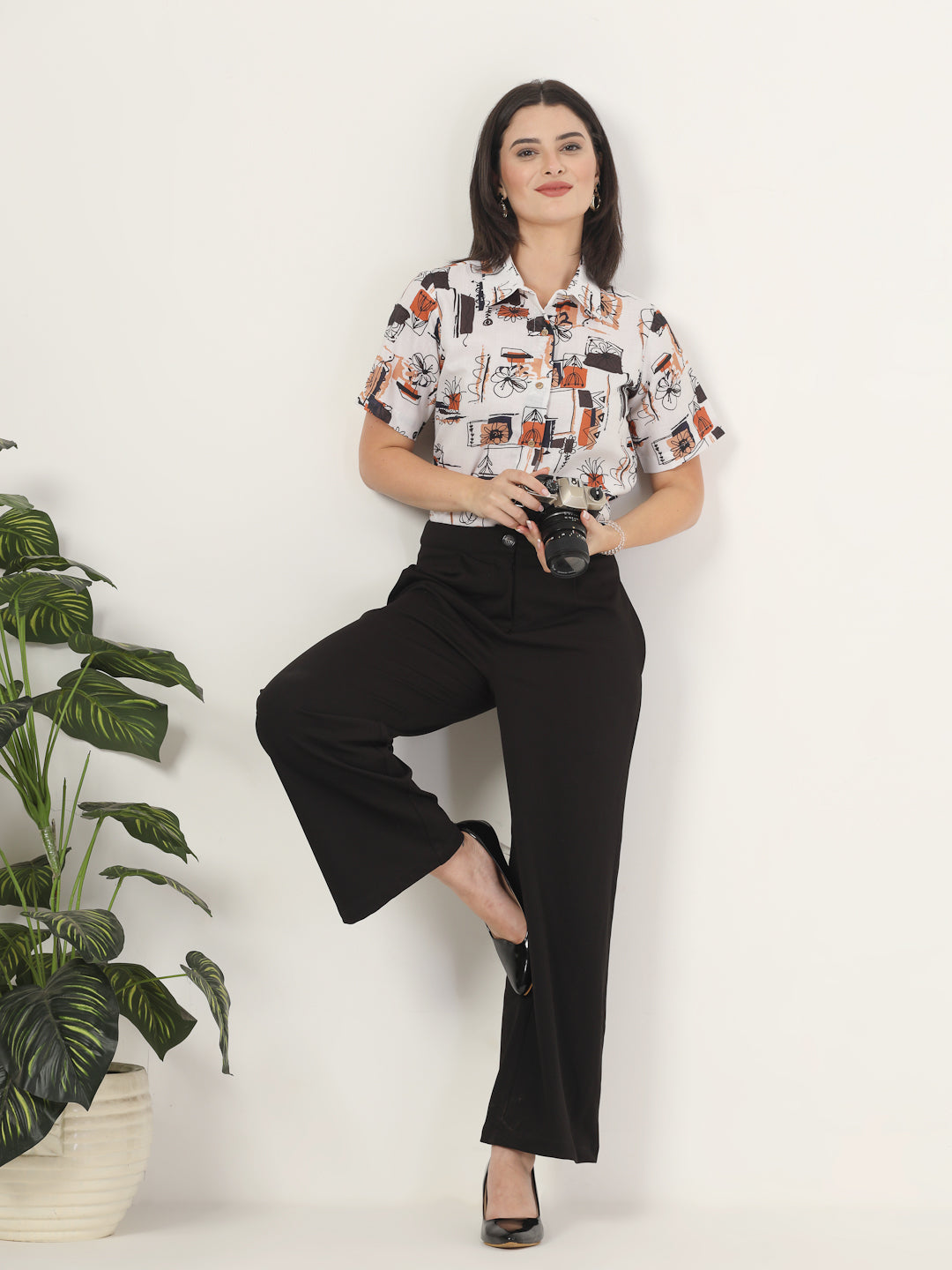 Style Quotient Women Off White and Multi Abstract Print Polyviscose Half Sleeve Formal Shirt-Shirts-StyleQuotient