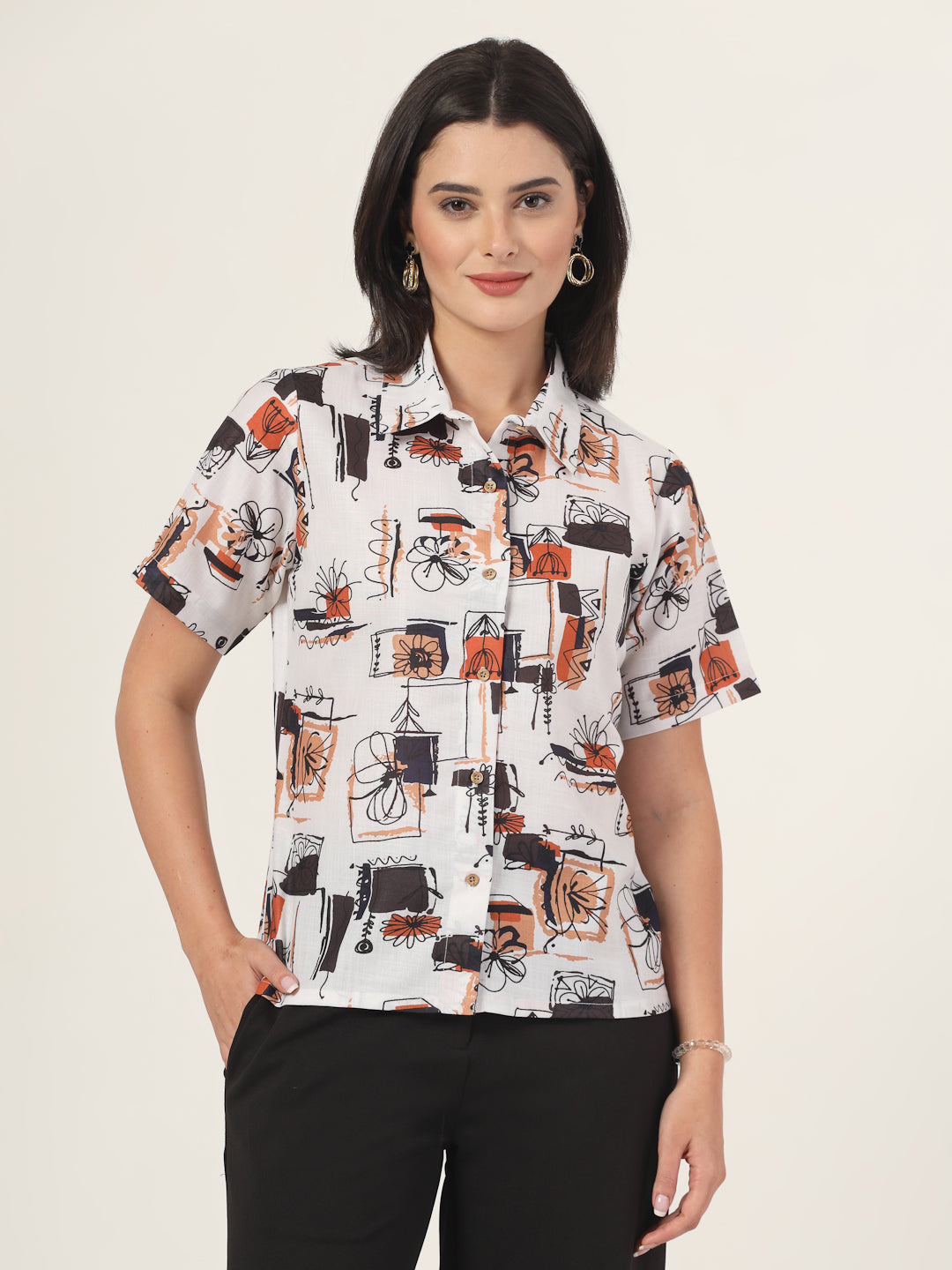 Style Quotient Women Off White and Multi Abstract Print Polyviscose Half Sleeve Formal Shirt-Shirts-StyleQuotient
