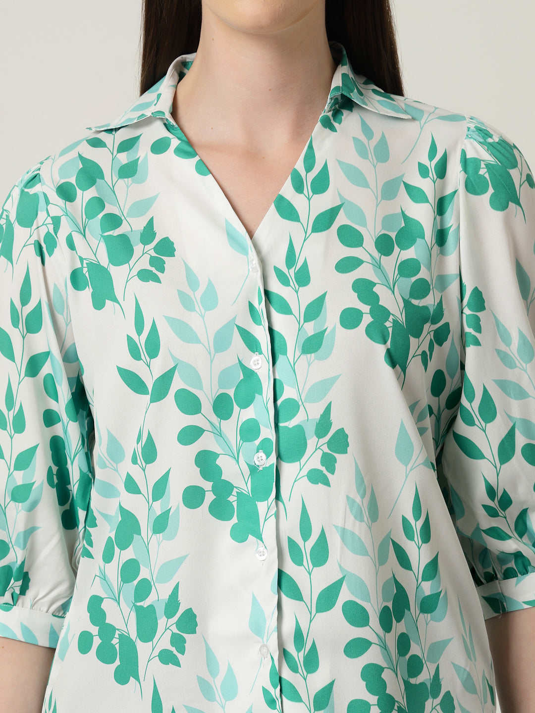 Style Quotient Women White And Green Floral Printed Polycrepe Regular Fit Formal Shirt-Shirts-StyleQuotient