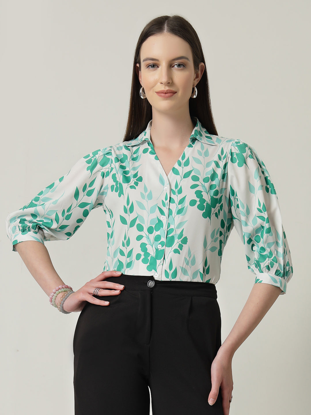 Style Quotient Women White And Green Floral Printed Polycrepe Regular Fit Formal Shirt-Shirts-StyleQuotient