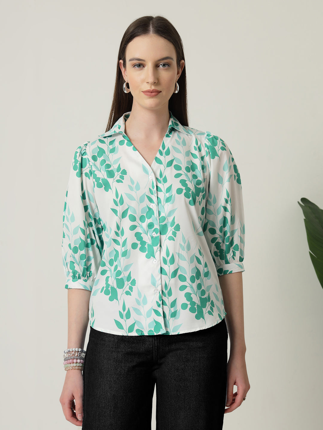 Style Quotient Women White And Green Floral Printed Polycrepe Regular Fit Formal Shirt-Shirts-StyleQuotient