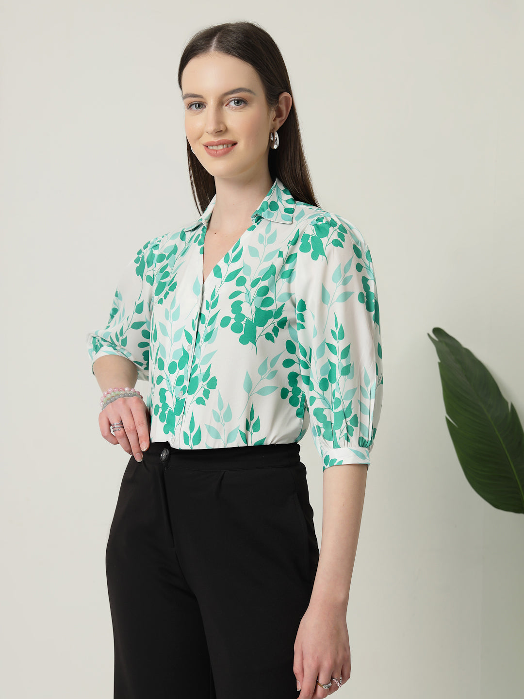 Style Quotient Women White And Green Floral Printed Polycrepe Regular Fit Formal Shirt-Shirts-StyleQuotient