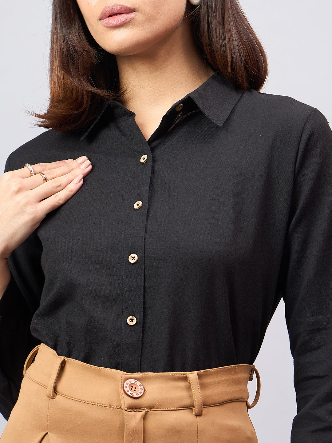 Style Quotient Women Solid Black Flex Regular Shirt-Shirts-StyleQuotient