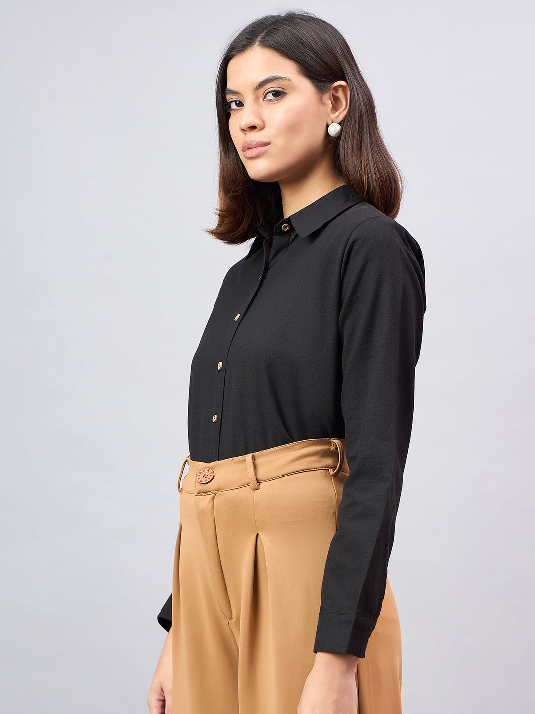 Style Quotient Women Solid Black Flex Regular Shirt-Shirts-StyleQuotient