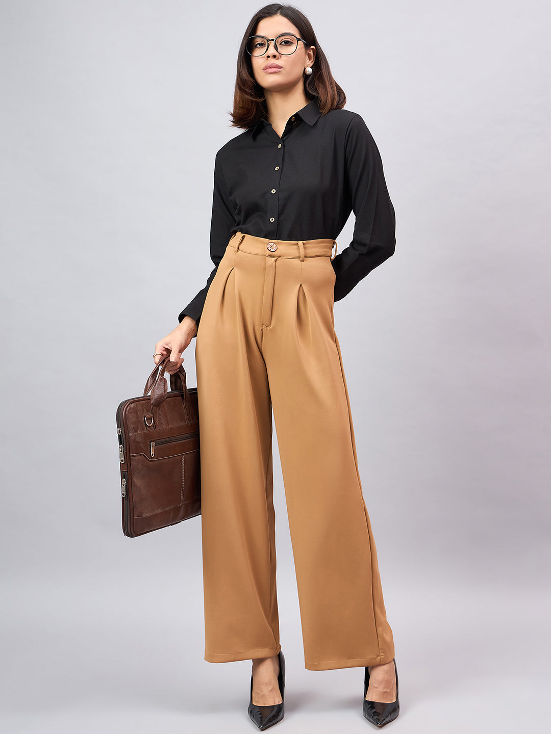 Style Quotient Women Solid Black Flex Regular Shirt-Shirts-StyleQuotient