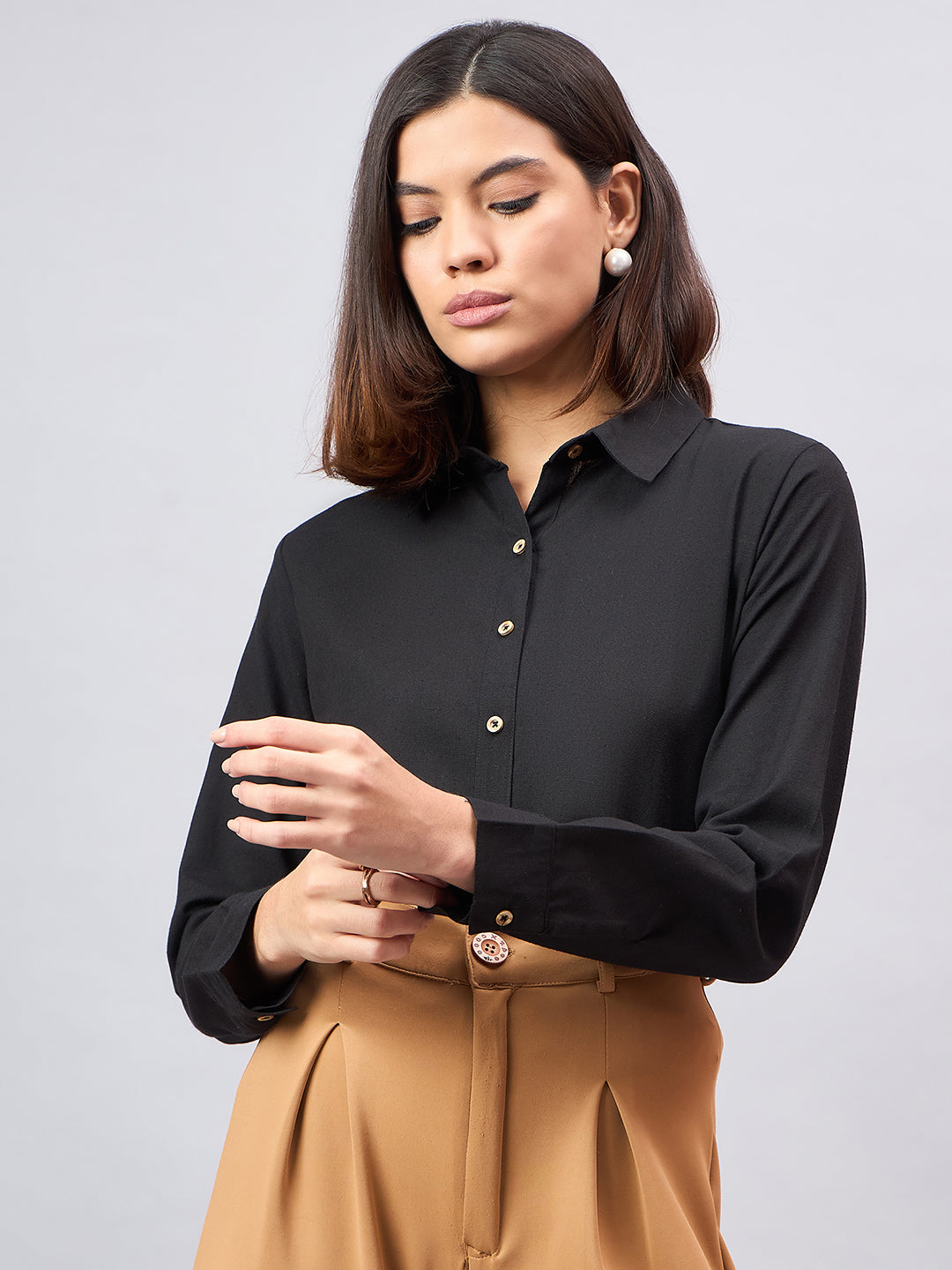 Style Quotient Women Solid Black Flex Regular Shirt-Shirts-StyleQuotient