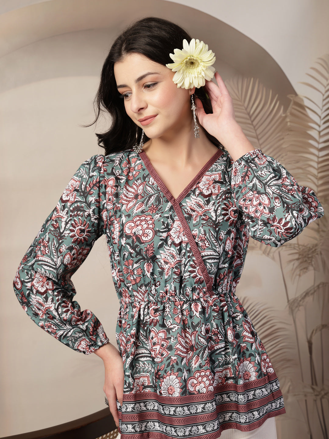 Style Quotient Women Floral Printed Green and Multi Polyviscose Peplum Tunic Top-Tops-StyleQuotient