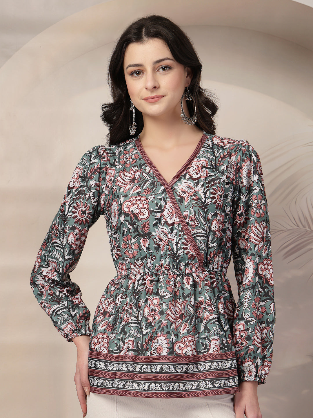 Style Quotient Women Floral Printed Green and Multi Polyviscose Peplum Tunic Top-Tops-StyleQuotient