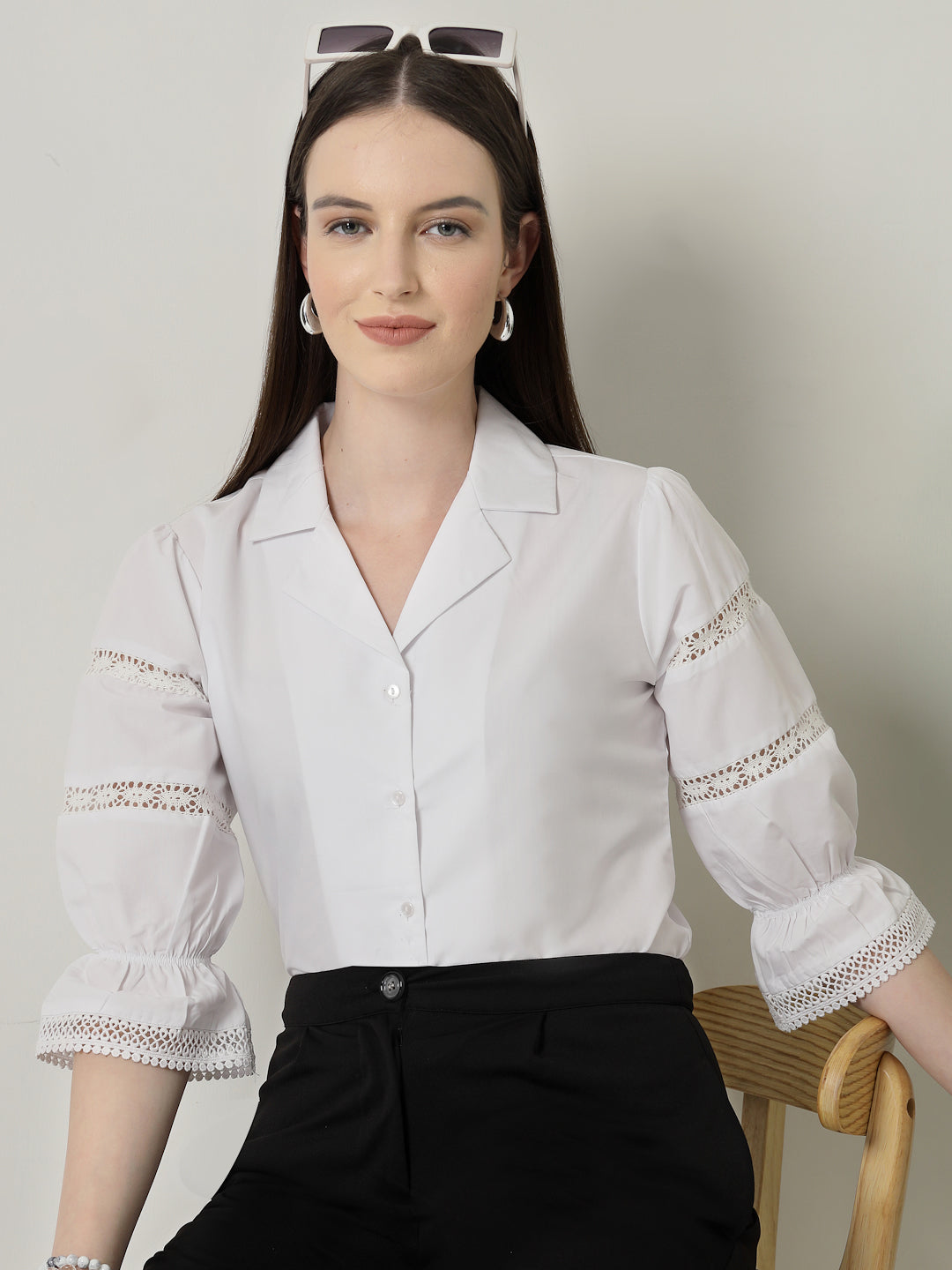 Style Quotient Women Solid White Regular Fit Lace Insert Formal Shirt-Shirts-StyleQuotient