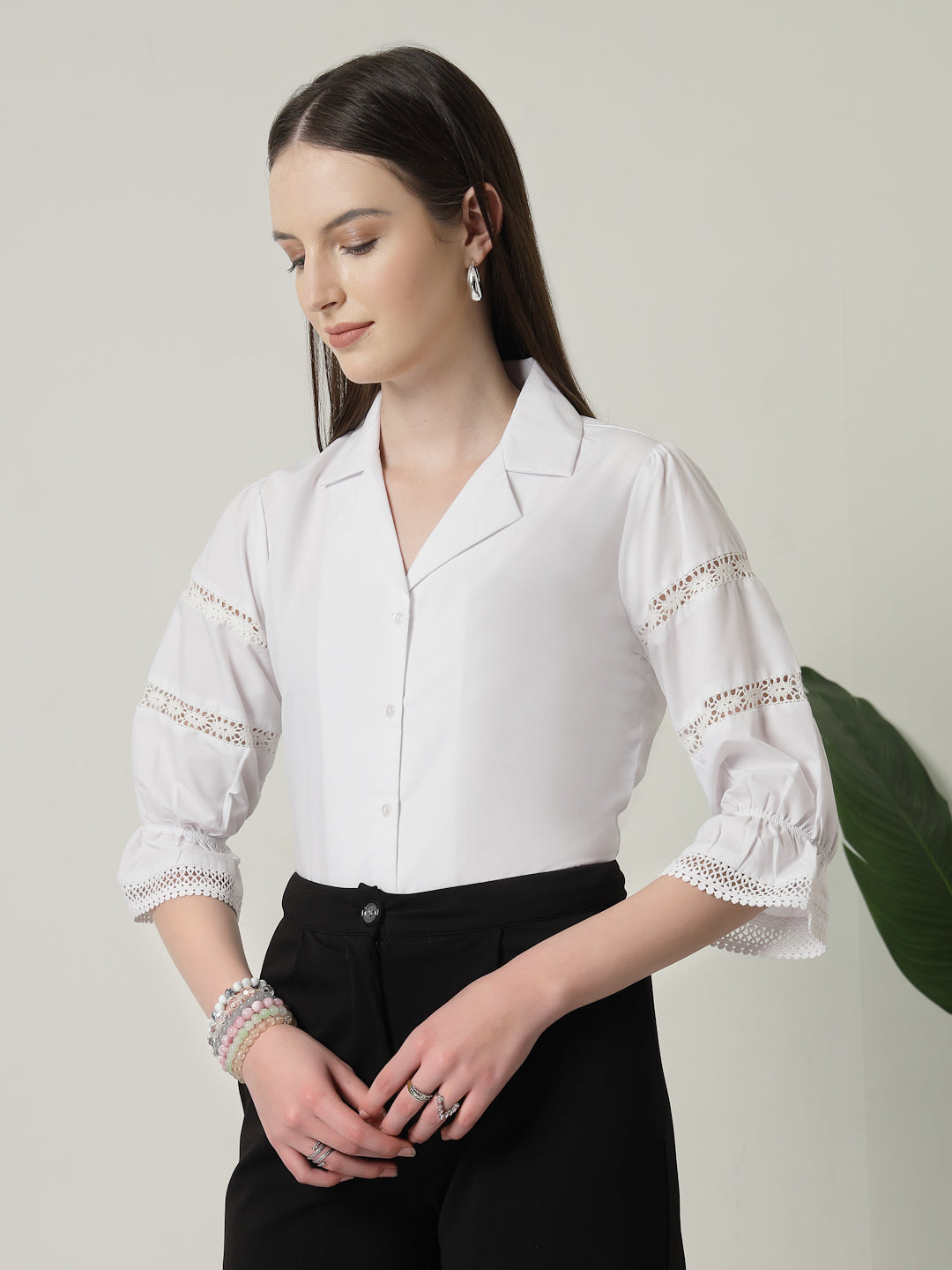 Style Quotient Women Solid White Regular Fit Lace Insert Formal Shirt-Shirts-StyleQuotient