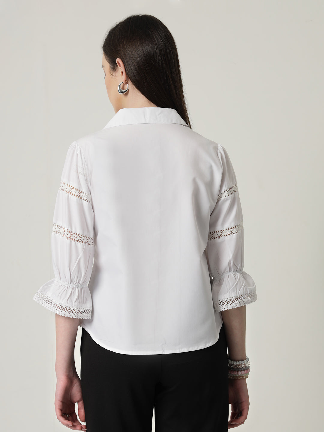 Style Quotient Women Solid White Regular Fit Lace Insert Formal Shirt-Shirts-StyleQuotient