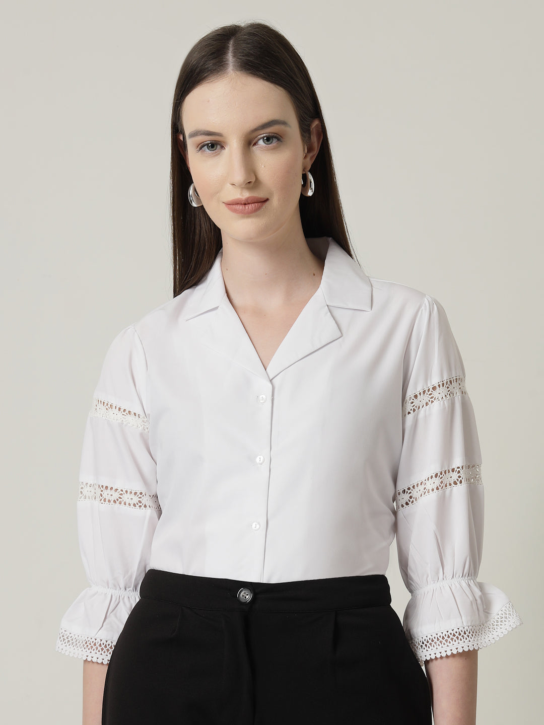 Style Quotient Women Solid White Regular Fit Lace Insert Formal Shirt-Shirts-StyleQuotient