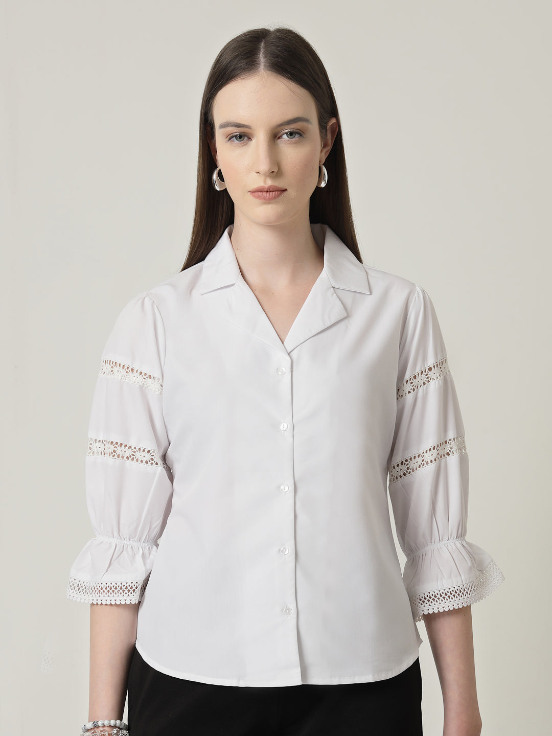 Style Quotient Women Solid White Regular Fit Lace Insert Formal Shirt-Shirts-StyleQuotient