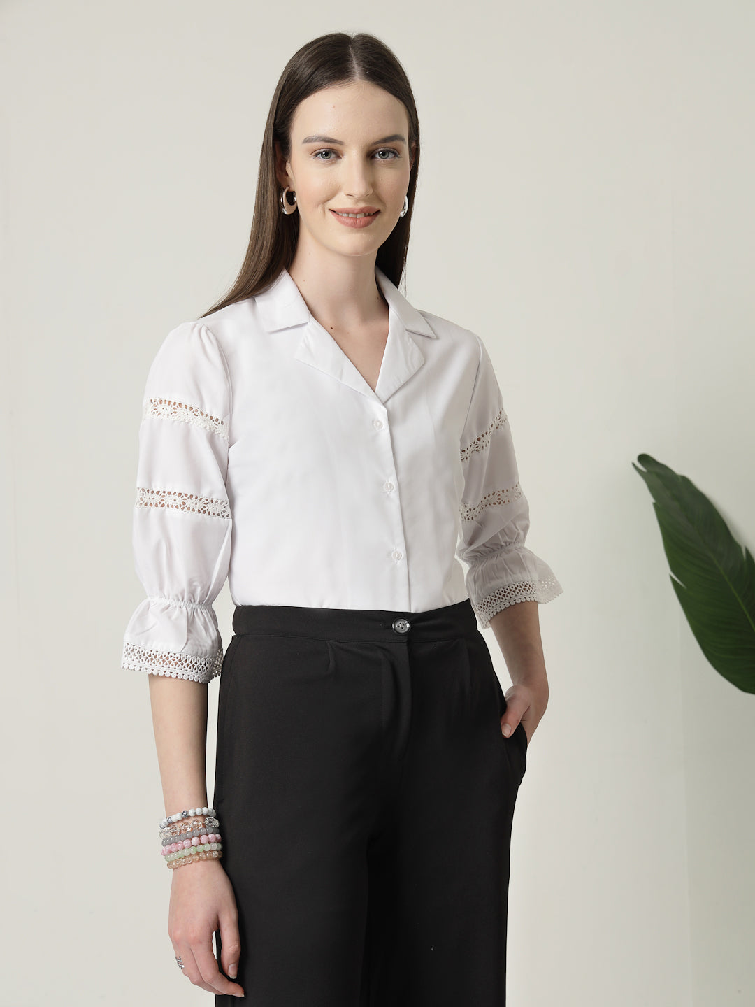 Style Quotient Women Solid White Regular Fit Lace Insert Formal Shirt-Shirts-StyleQuotient