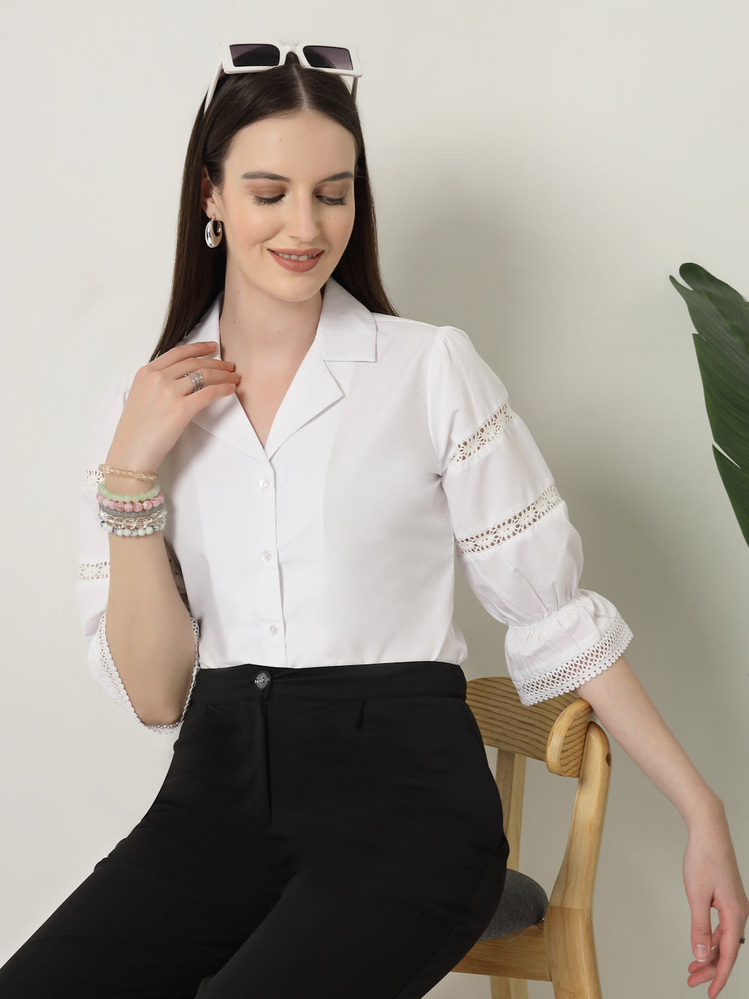 Style Quotient Women Solid White Regular Fit Lace Insert Formal Shirt-Shirts-StyleQuotient