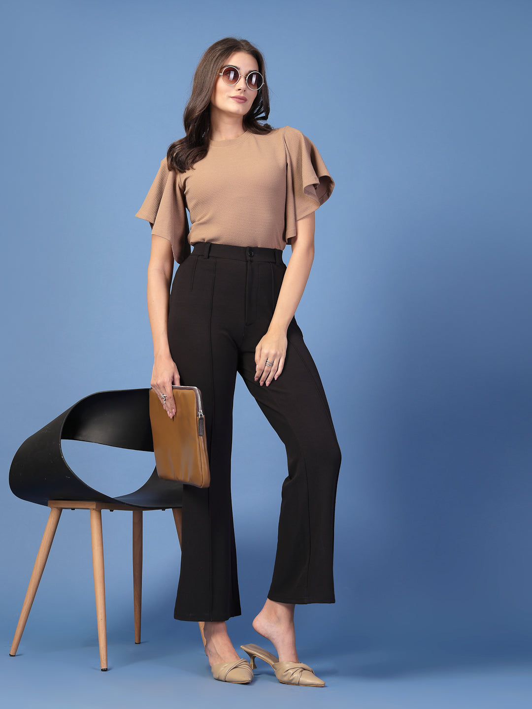 Style Quotient Women Solid Brown Self Design Polyknit Smart Casual Top-Tops-StyleQuotient