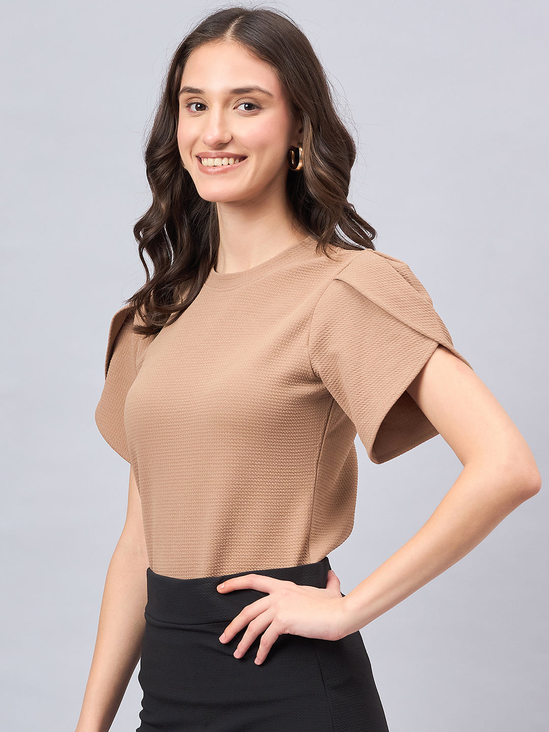 Style Quotient Women Solid Brown Poly Knit Smart Casual Regular Tulip Sleeve Top-Tops-StyleQuotient