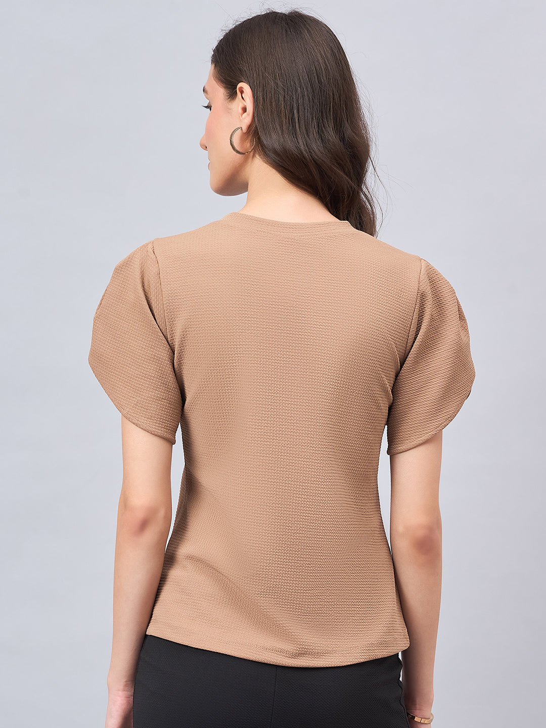 Style Quotient Women Solid Brown Poly Knit Smart Casual Regular Tulip Sleeve Top-Tops-StyleQuotient