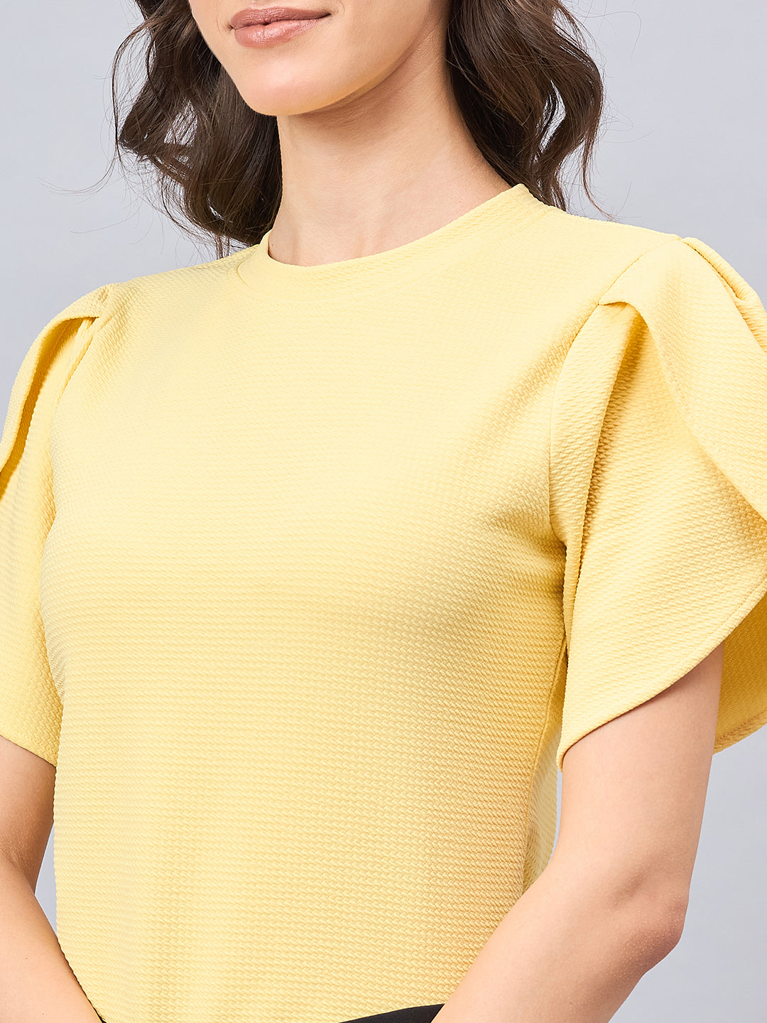 Style Quotient Women Solid Light Yellow Poly Knit Smart Casual Regular Tulip Sleeve Top-Tops-StyleQuotient