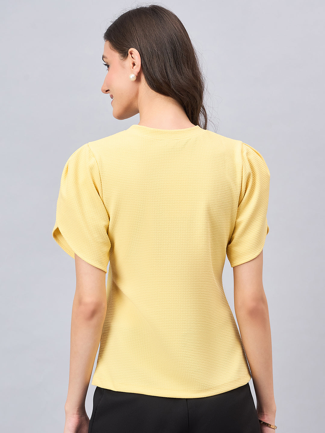 Style Quotient Women Solid Light Yellow Poly Knit Smart Casual Regular Tulip Sleeve Top-Tops-StyleQuotient