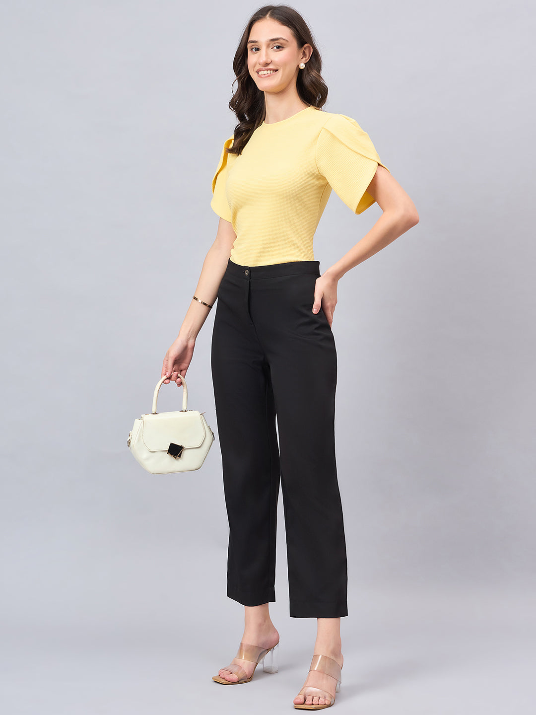 Style Quotient Women Solid Light Yellow Poly Knit Smart Casual Regular Tulip Sleeve Top-Tops-StyleQuotient