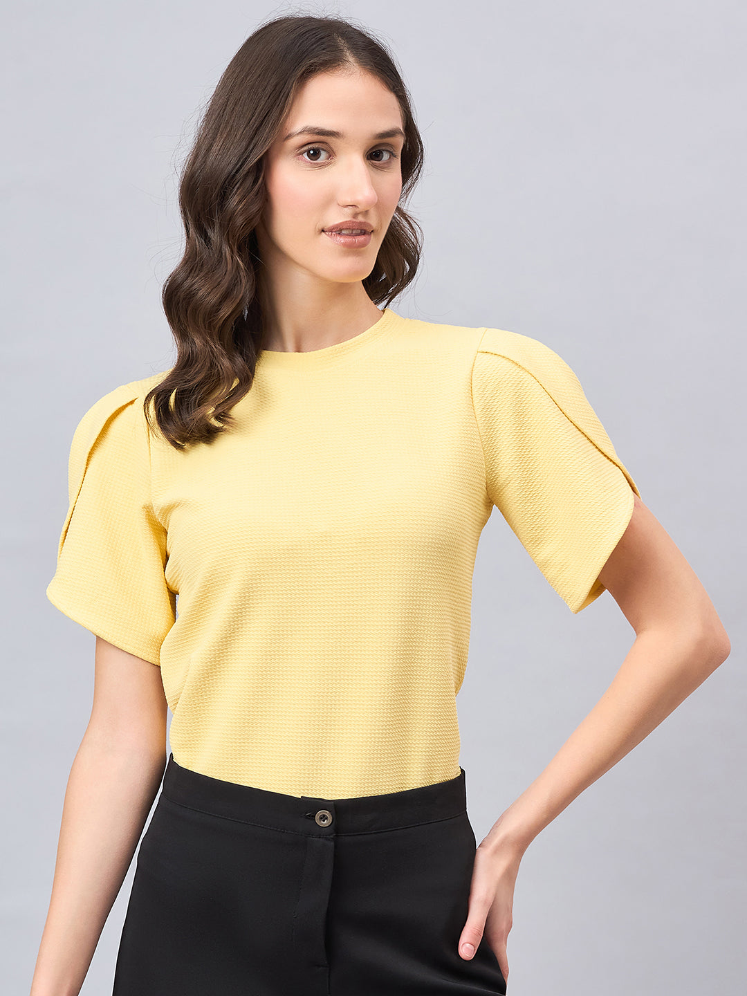 Style Quotient Women Solid Light Yellow Poly Knit Smart Casual Regular Tulip Sleeve Top-Tops-StyleQuotient