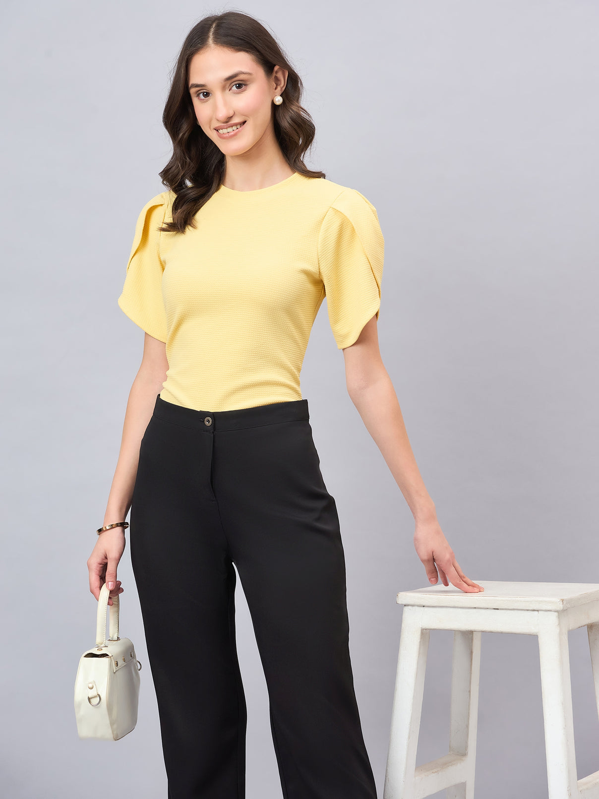 Style Quotient Women Solid Light Yellow Poly Knit Smart Casual Regular Tulip Sleeve Top-Tops-StyleQuotient