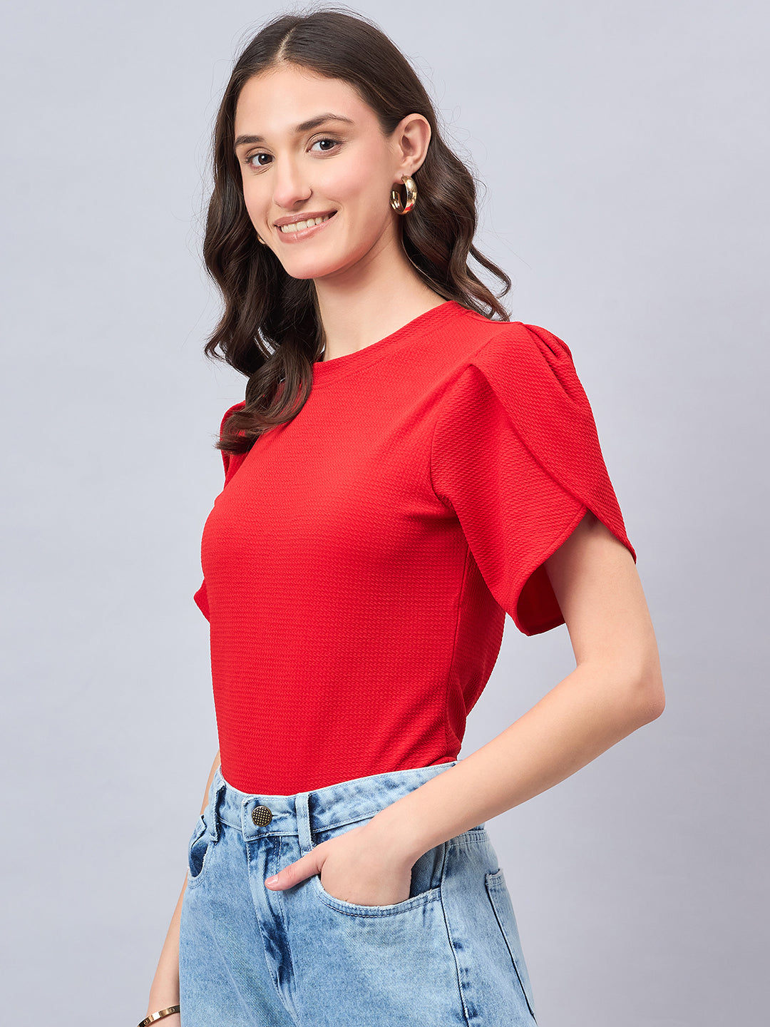 Style Quotient Women Solid Red Poly Knit Smart Casual Regular Tulip Sleeve Top-Tops-StyleQuotient