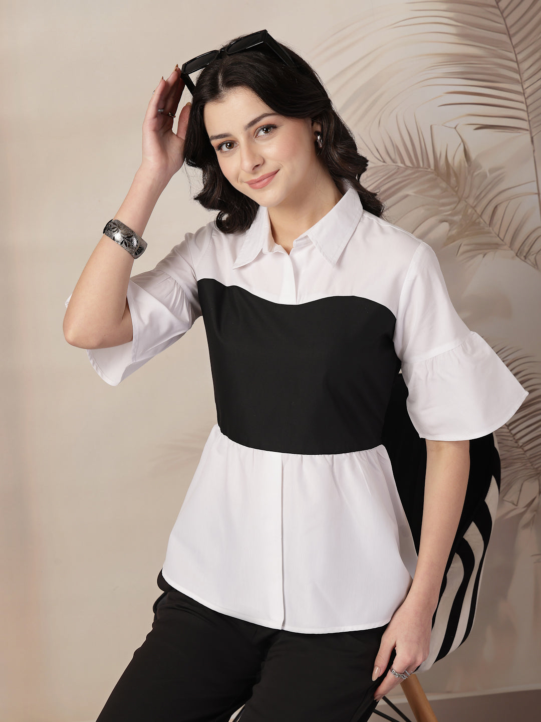 Style Quotient Women Color Block White And Black Regular Fit Semi Formal Polycotton Top-Tops-StyleQuotient