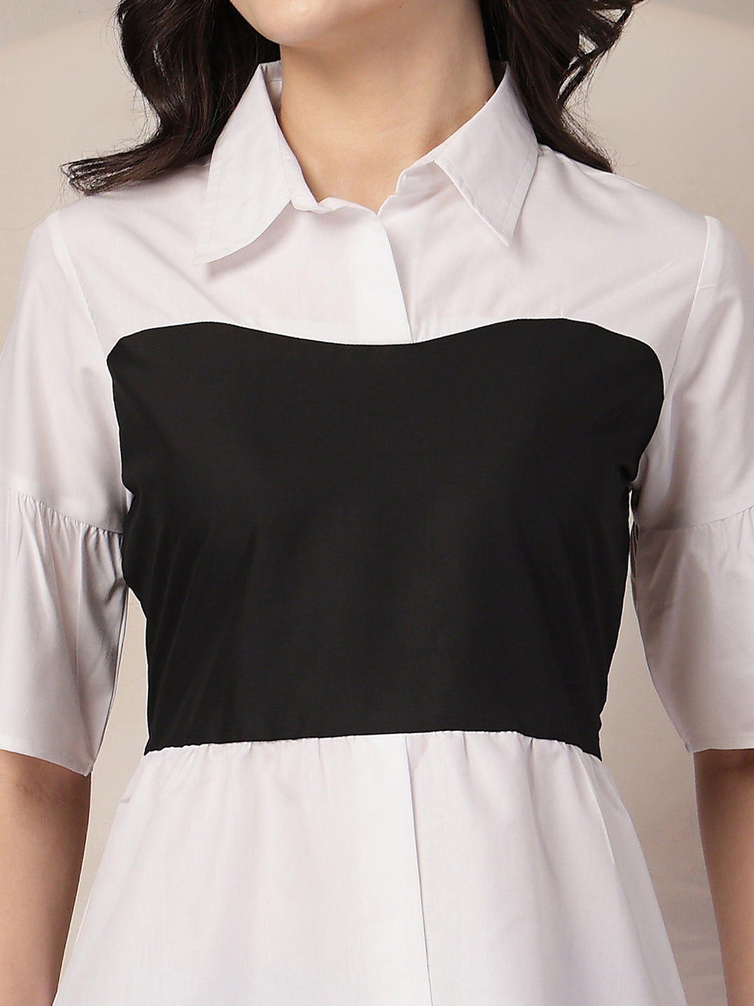 Style Quotient Women Color Block White And Black Regular Fit Semi Formal Polycotton Top-Tops-StyleQuotient