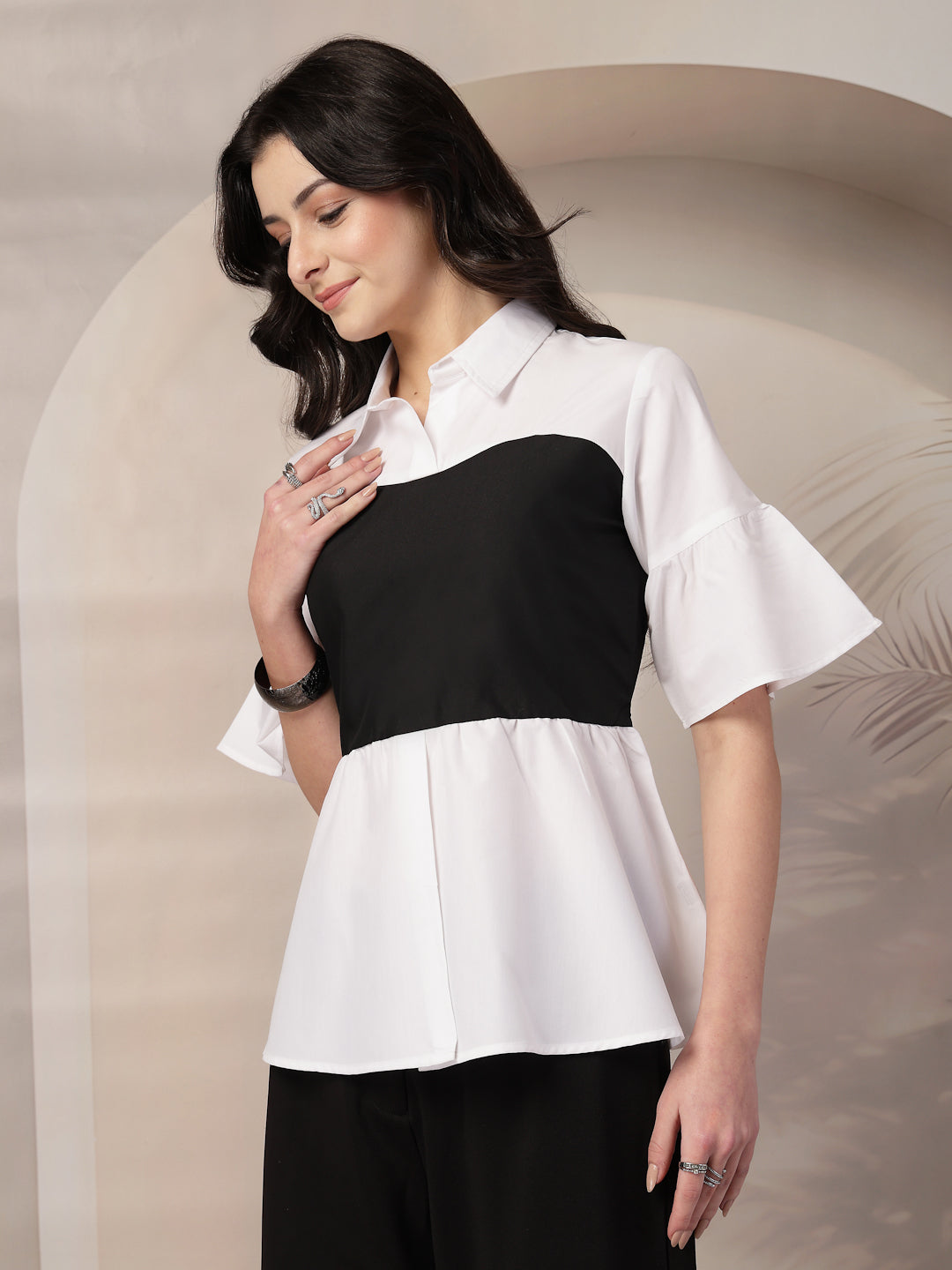Style Quotient Women Color Block White And Black Regular Fit Semi Formal Polycotton Top-Tops-StyleQuotient
