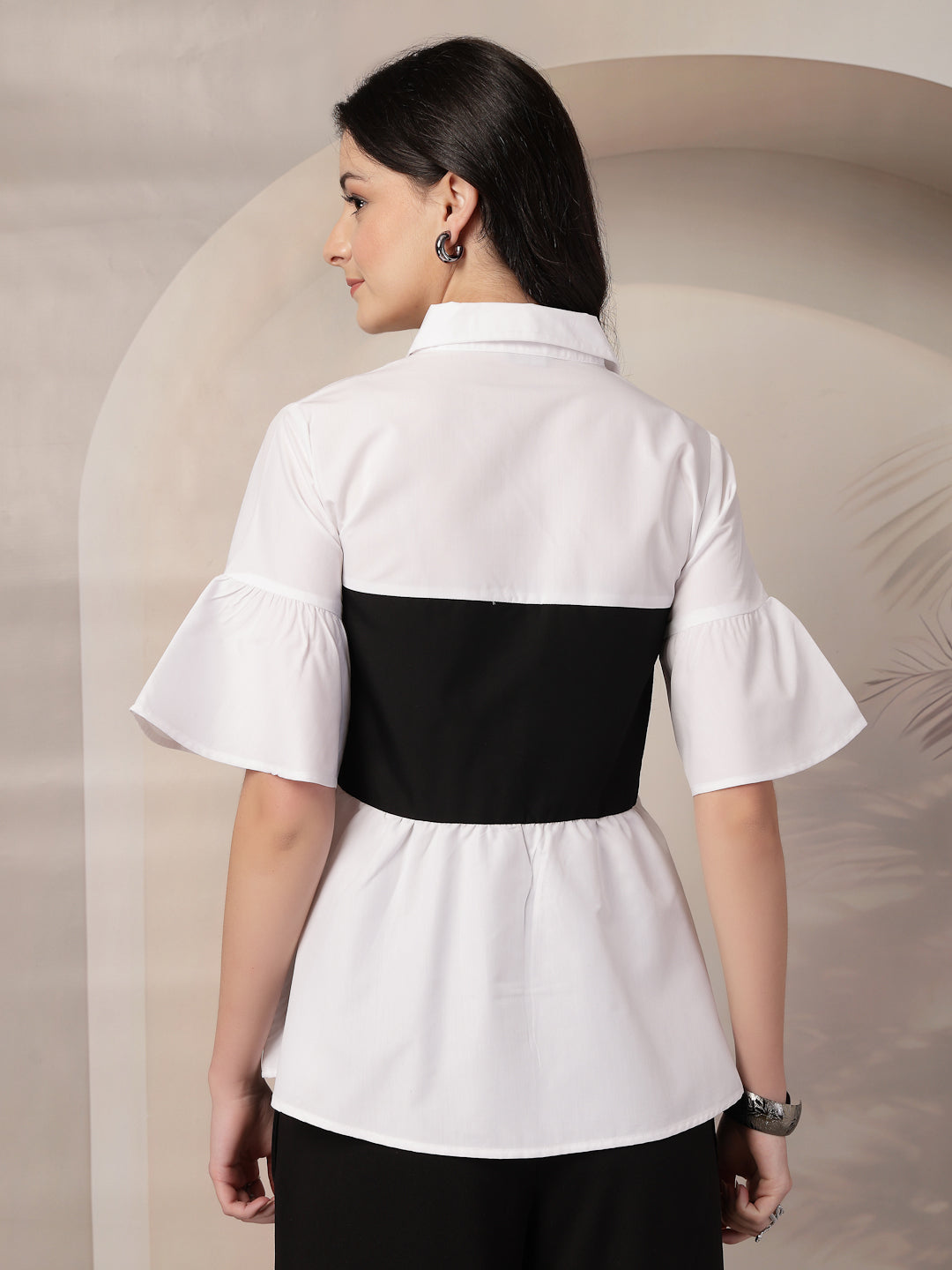 Style Quotient Women Color Block White And Black Regular Fit Semi Formal Polycotton Top-Tops-StyleQuotient
