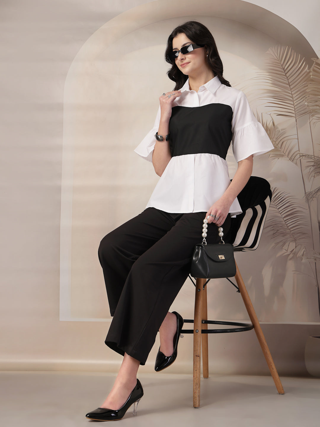 Style Quotient Women Color Block White And Black Regular Fit Semi Formal Polycotton Top-Tops-StyleQuotient