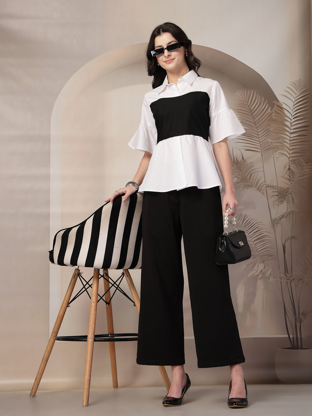 Style Quotient Women Color Block White And Black Regular Fit Semi Formal Polycotton Top-Tops-StyleQuotient