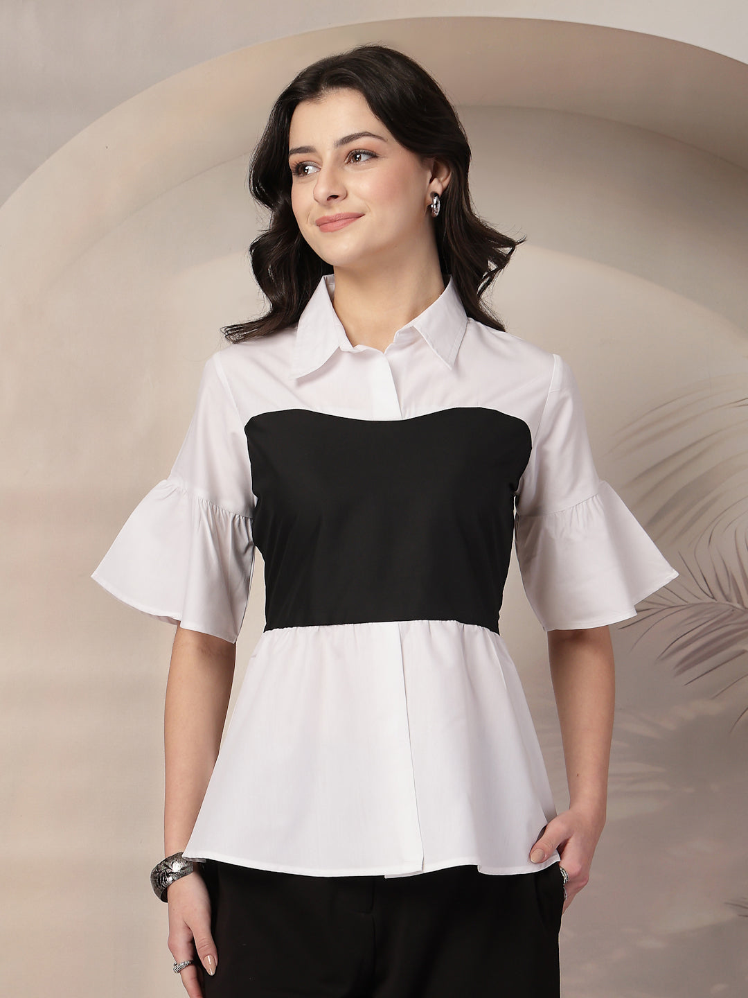 Style Quotient Women Color Block White And Black Regular Fit Semi Formal Polycotton Top-Tops-StyleQuotient
