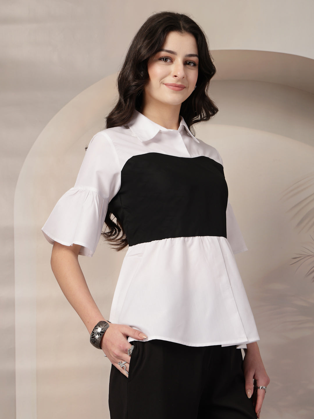 Style Quotient Women Color Block White And Black Regular Fit Semi Formal Polycotton Top-Tops-StyleQuotient
