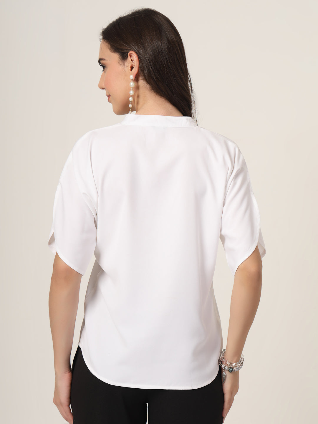 Style Quotient Women Solid White Polymoss Formal Top-Tops-StyleQuotient