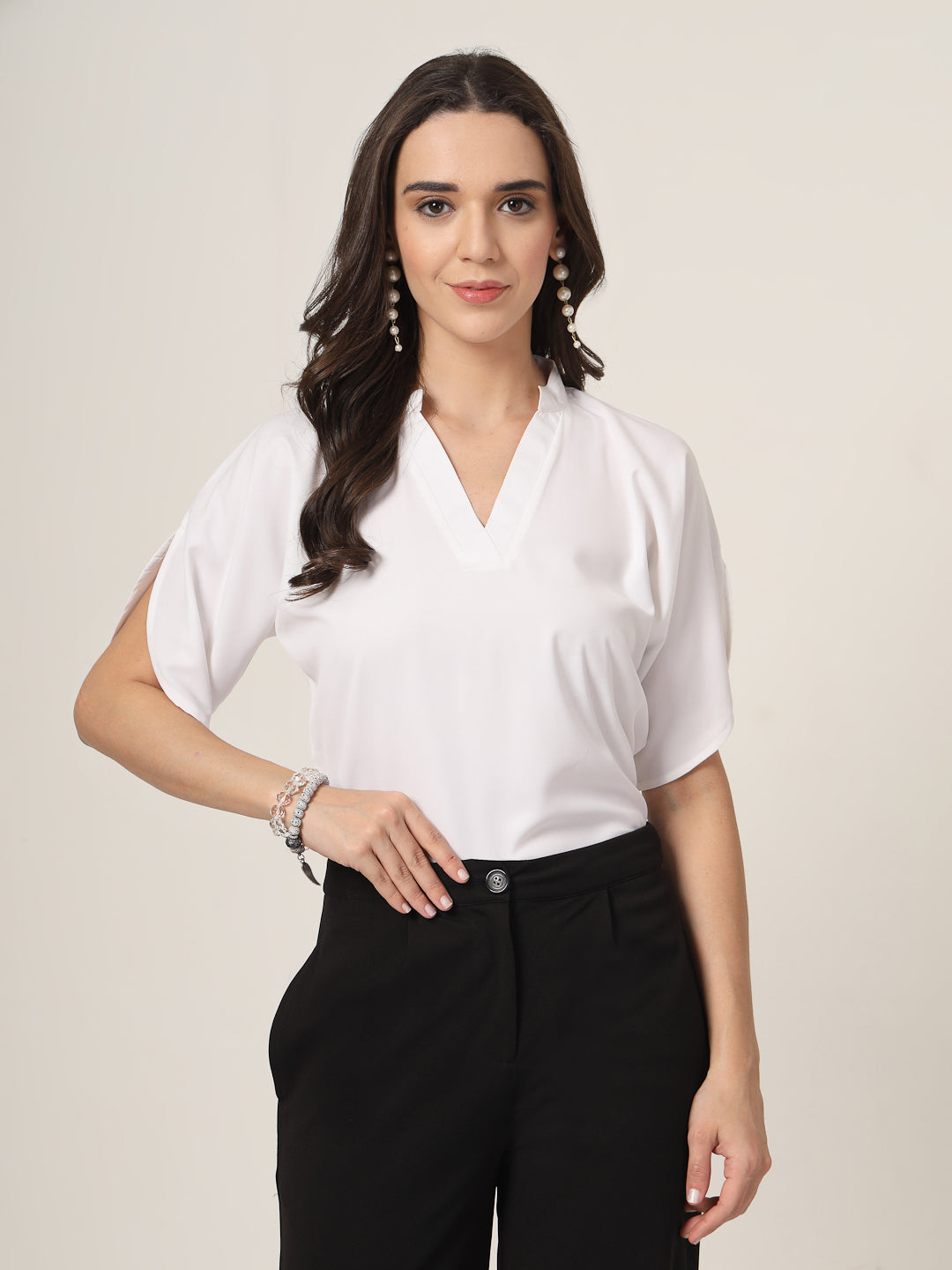 Style Quotient Women Solid White Polymoss Formal Top-Tops-StyleQuotient