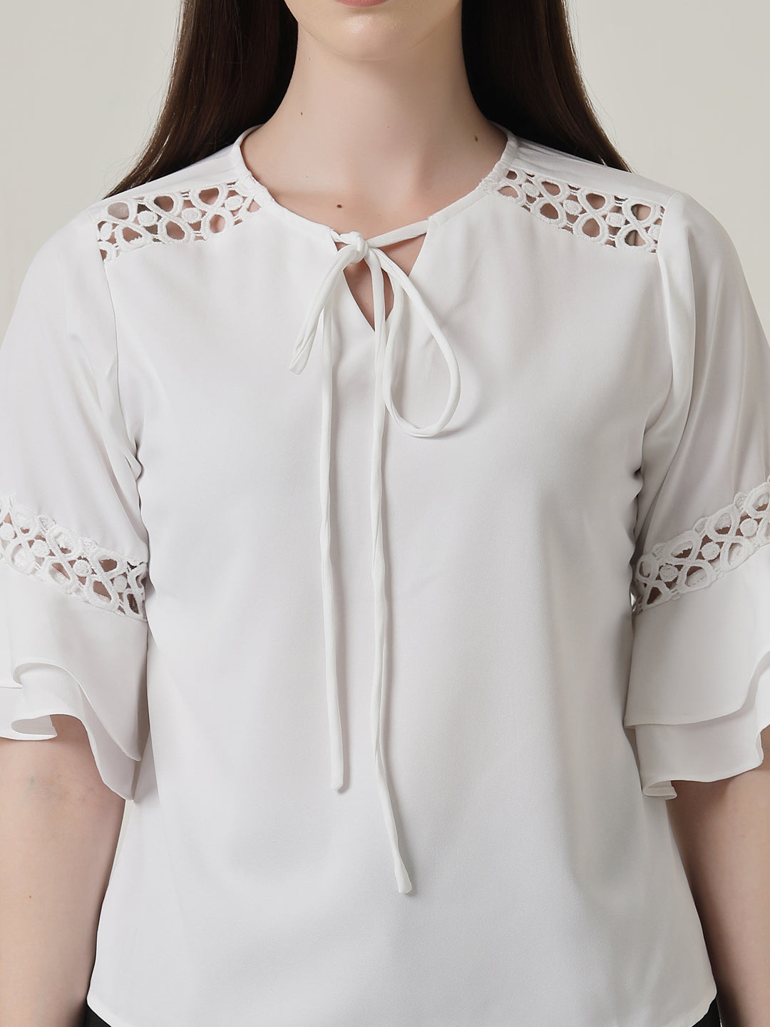 Style Quotient Women Solid White Polymoss Regular Fit Smart Casual Lace Insert Top-Tops-StyleQuotient