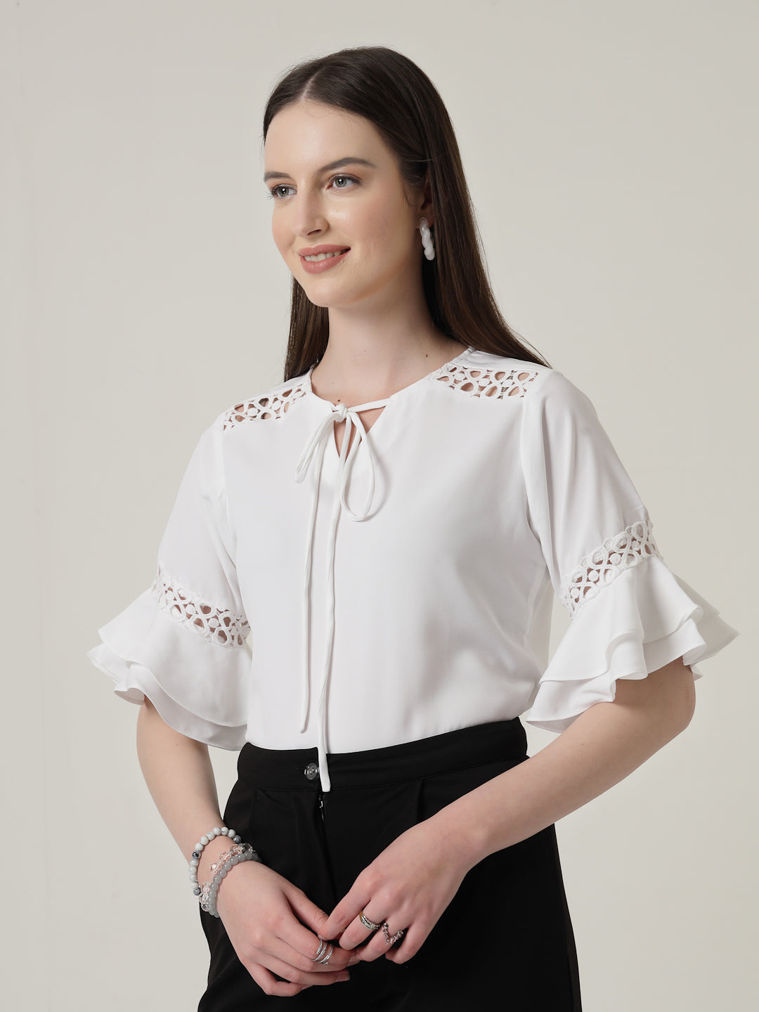 Style Quotient Women Solid White Polymoss Regular Fit Smart Casual Lace Insert Top-Tops-StyleQuotient
