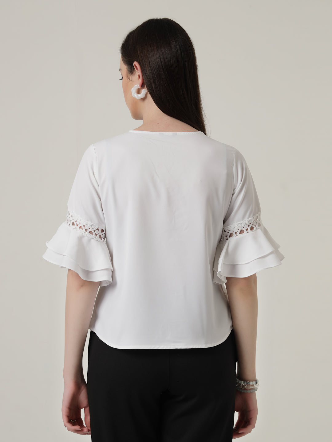 Style Quotient Women Solid White Polymoss Regular Fit Smart Casual Lace Insert Top-Tops-StyleQuotient