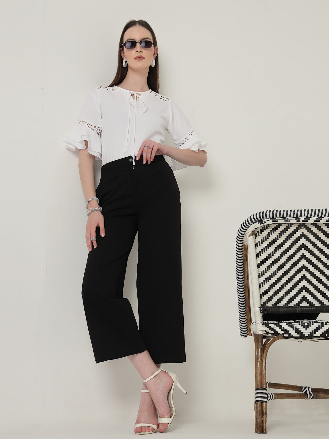 Style Quotient Women Solid White Polymoss Regular Fit Smart Casual Lace Insert Top-Tops-StyleQuotient