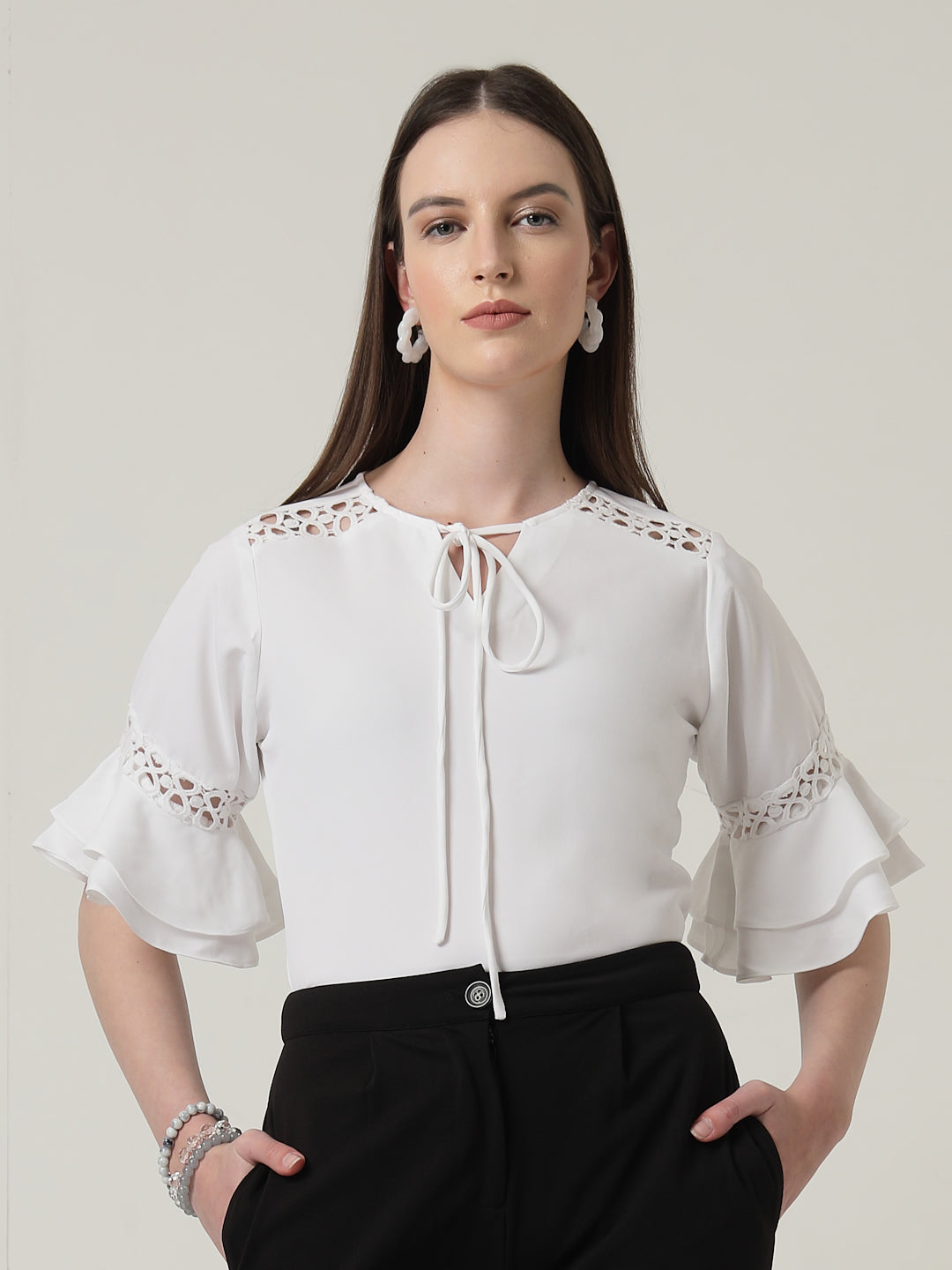 Style Quotient Women Solid White Polymoss Regular Fit Smart Casual Lace Insert Top-Tops-StyleQuotient